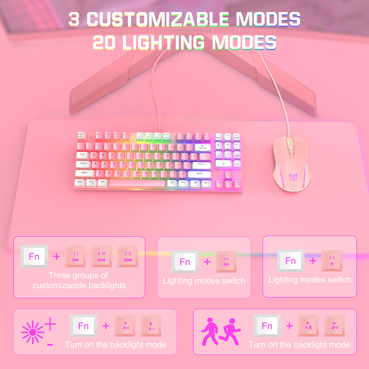 Kit Gamer Onikuma Teclado Mecanico G26 + Mouse Cw905 Blanco Rosa – imagen 6