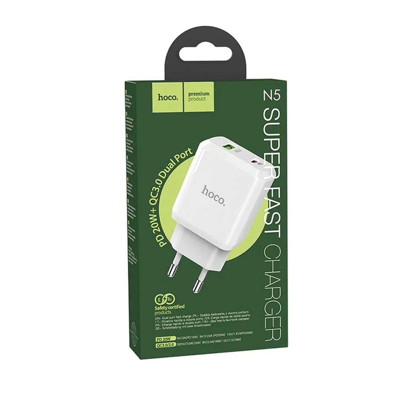 Cargador Carga Rapida Hoco N5 20w Dual Tipo C Usb Blanco – imagen 3
