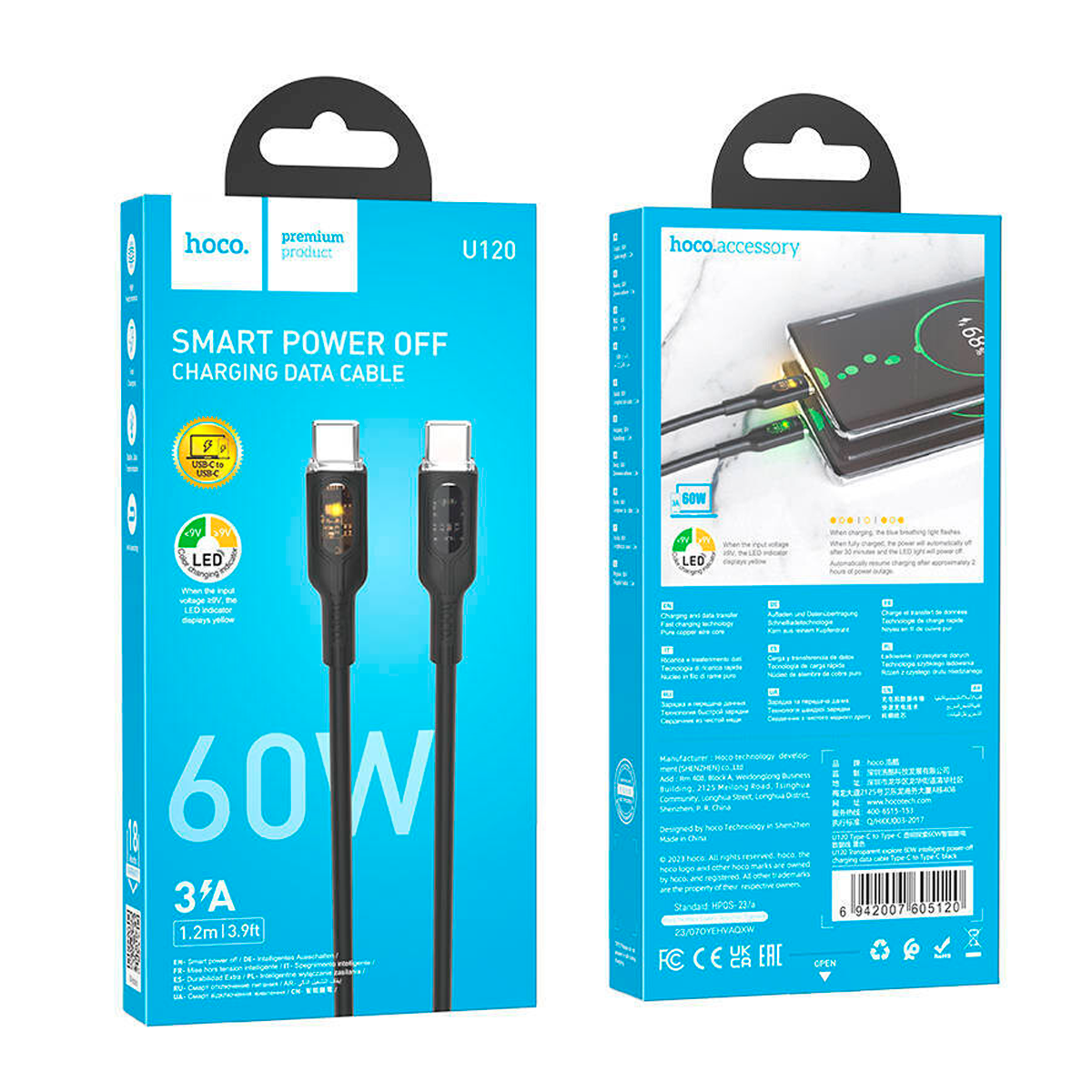 Cable Tipo C a Tipo C 60w Hoco U120 Negra – imagen 2