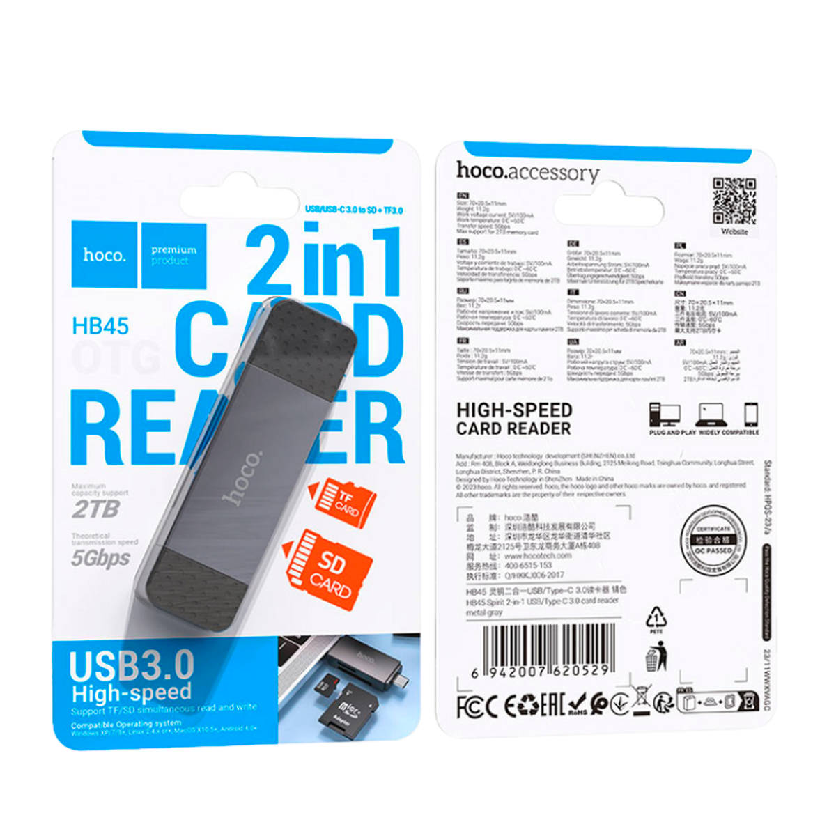 Lector de Tarjetas Usb Tipo C SD + TF Hoco Hb45 Gris – imagen 2