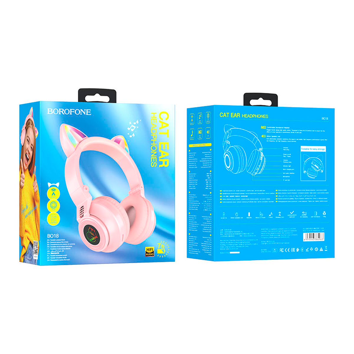 Audífonos Bluetooth Borofone Bo18 Oreja de Gato Led Rosa Completo – imagen 2