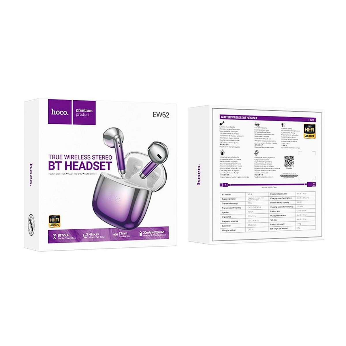 Audífonos Bluetooth Hoco Ew62 In Ear Morado – imagen 2