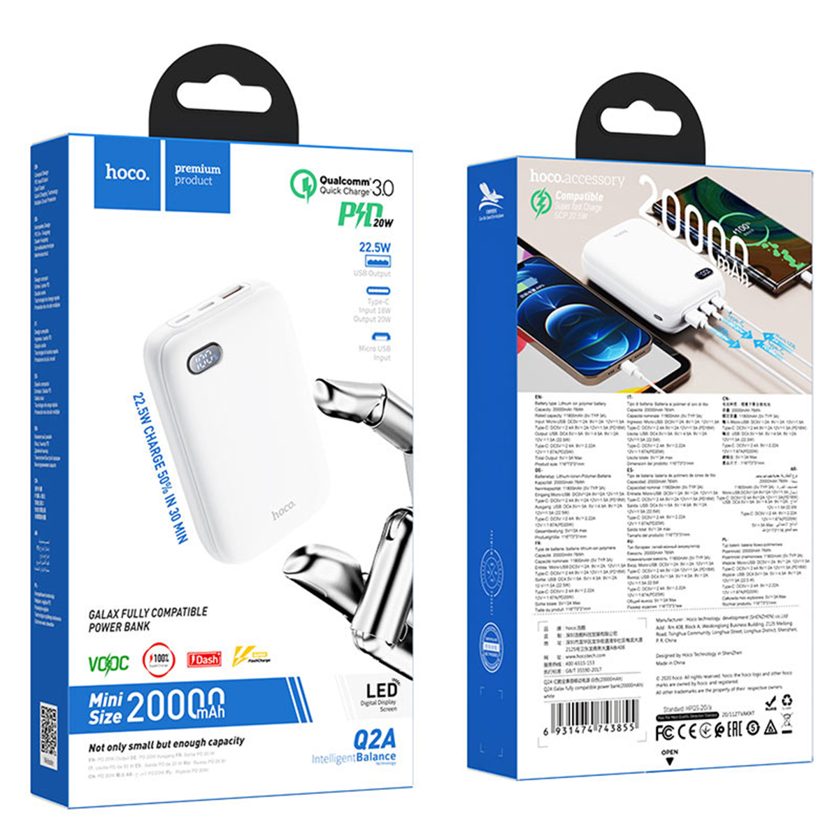 Batería Portátil Hoco 20000 Mah Q2 Galax Mini Blanco – imagen 3