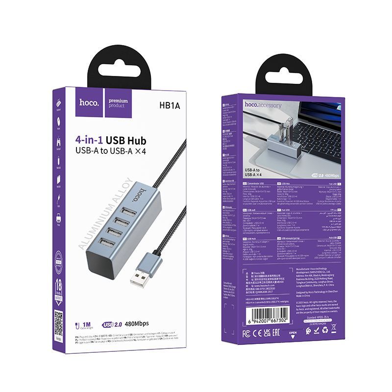 Adaptador Hub Hoco Hb1a Usb 4 en 1 Usb 2.0 Gris – imagen 3