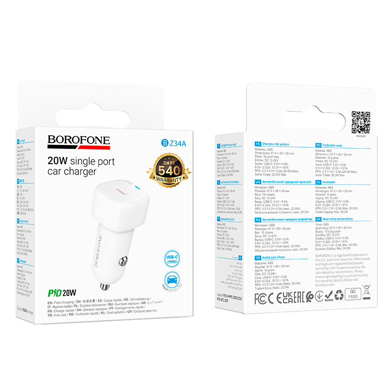 Cargador de Auto Borofone Bz34a 20w Blanco – imagen 3