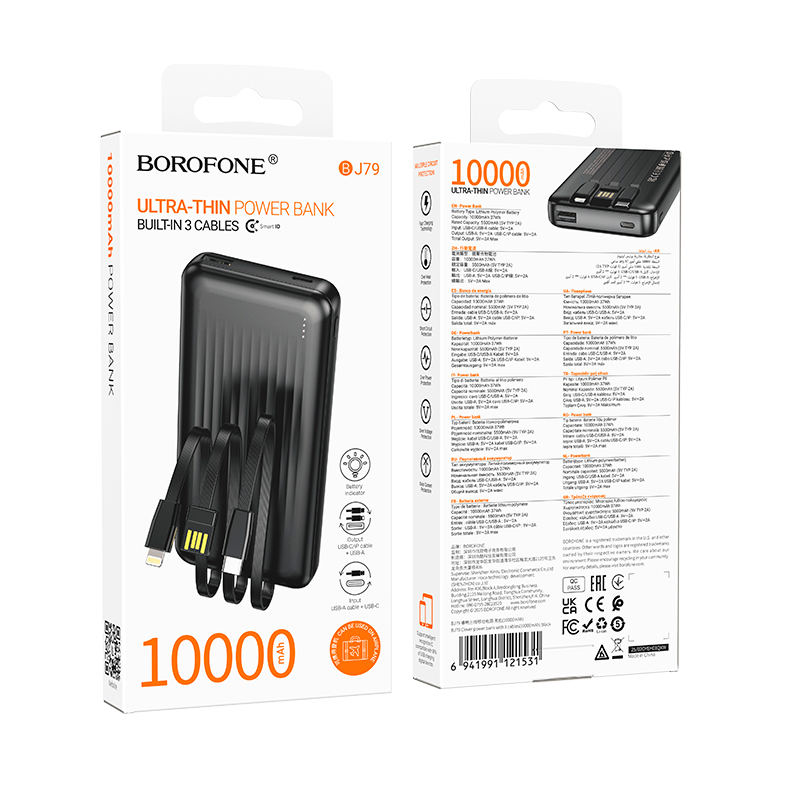 Powerbank Carga Rapida Borofone Bj79 Clever 3 Cables 10000 Mah Negro – imagen 3