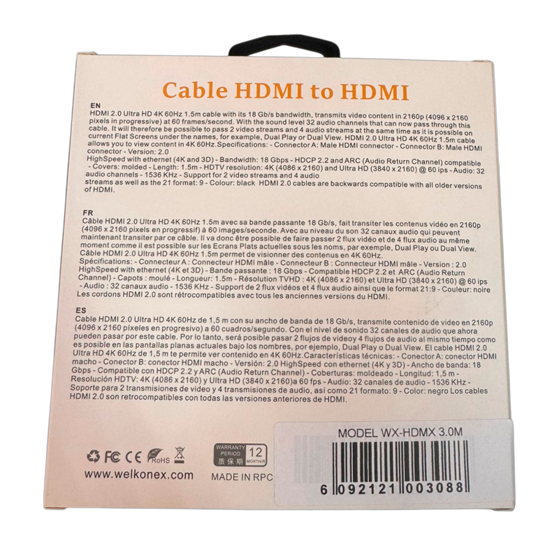 Cable Hdmi a Hdmi 4k 3 Metros Welkonex Negro – imagen 3