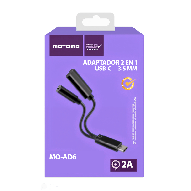 Adaptador Tipo C 2 en 1 Motomo Aux 3.5m + Tipo C Negro – imagen 3