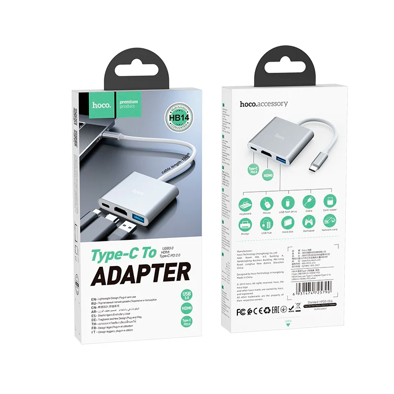 Adaptador Hub Hoco Hb14 Tipo C 3 en 1 Hdmi Usb Tipo C Gris – imagen 3
