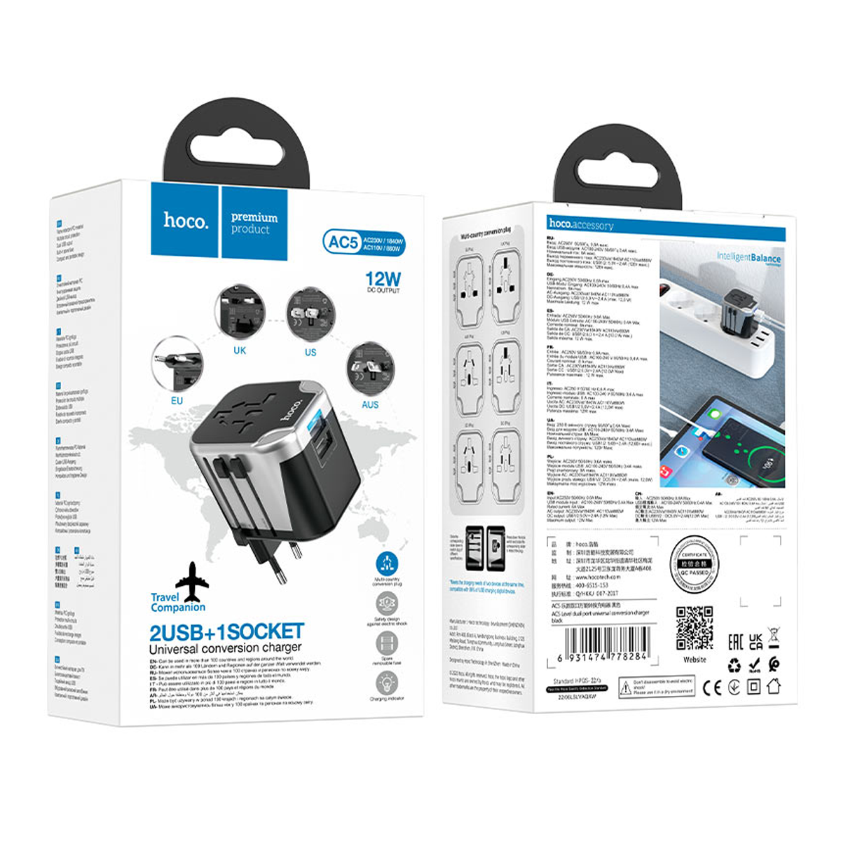 Adaptador Viajero Universal Hoco AC5 Level Negro – imagen 3