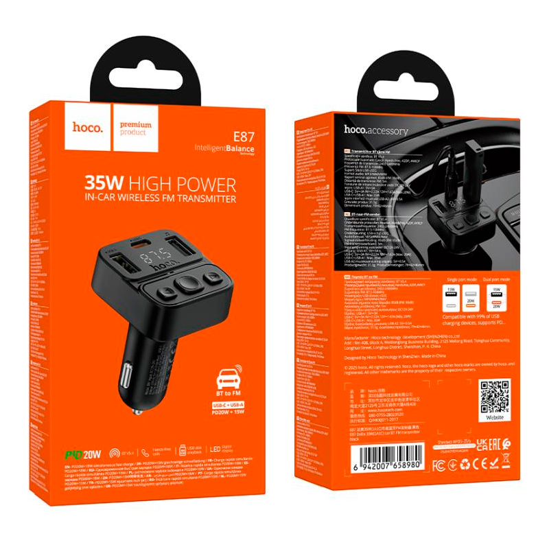 Cargador Transmisor de Auto Hoco E87 Delta 35w Negro – imagen 3