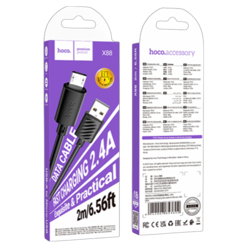 Cable Usb a Micro Usb Hoco X88 Gratified 2 Metros Negro – imagen 3