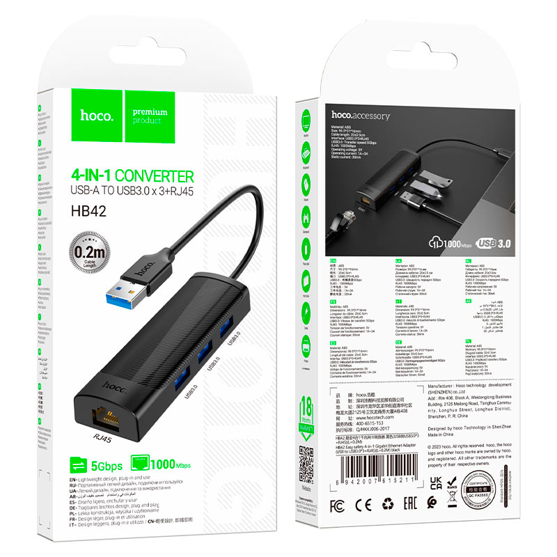 Adaptador Hub Usb 4 en 1 Hoco Hb42 Usb 3.0 Rj45 Negro – imagen 3