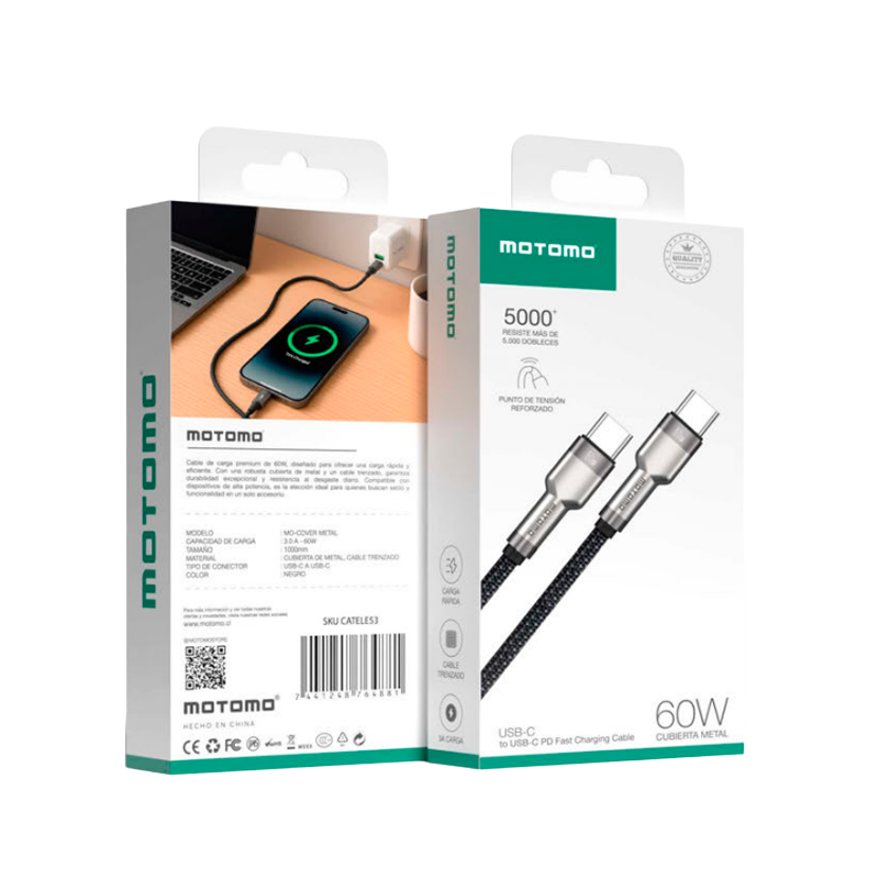 Cable Tipo C a Tipo C 60w Trenzado 1 Metro Motomo Negro – imagen 3