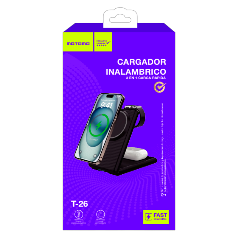 Cargador Inalámbrico 3 en 1 Motomo T-26 Magnetico Negro – imagen 3