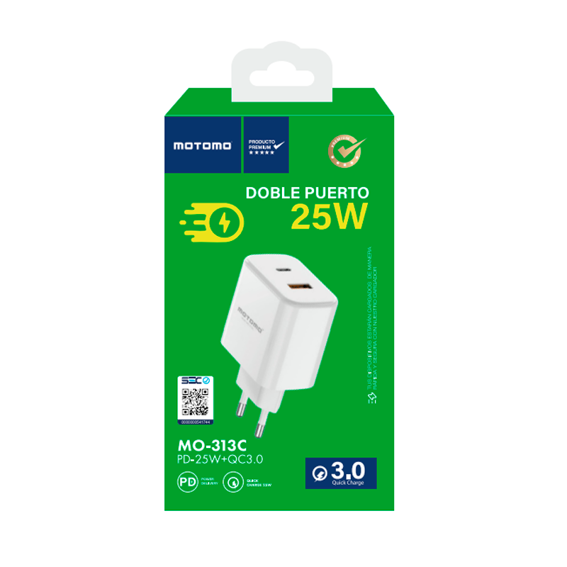 Cargador Rápido Motomo Mo-313c 25w Dual Usb + Tipo C Blanco – imagen 3