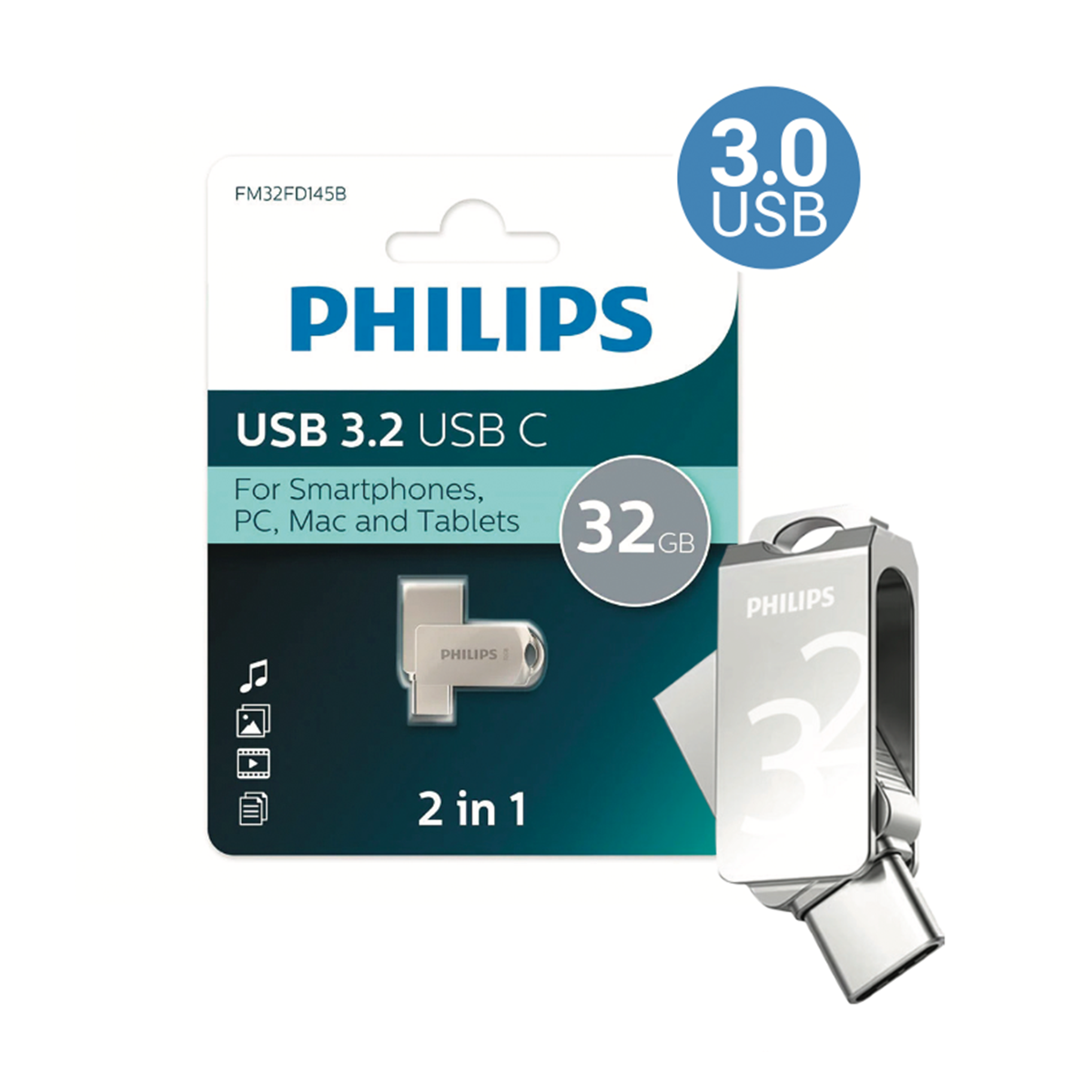 Pendrive Philips 32 GB 2 en 1 Usb Tipo C Gris