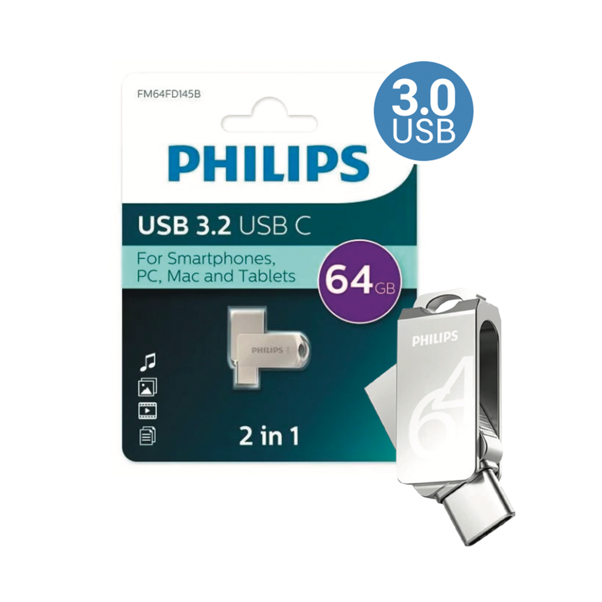 Pendrive Philips 64 GB 2 en 1 Usb Tipo C Gris