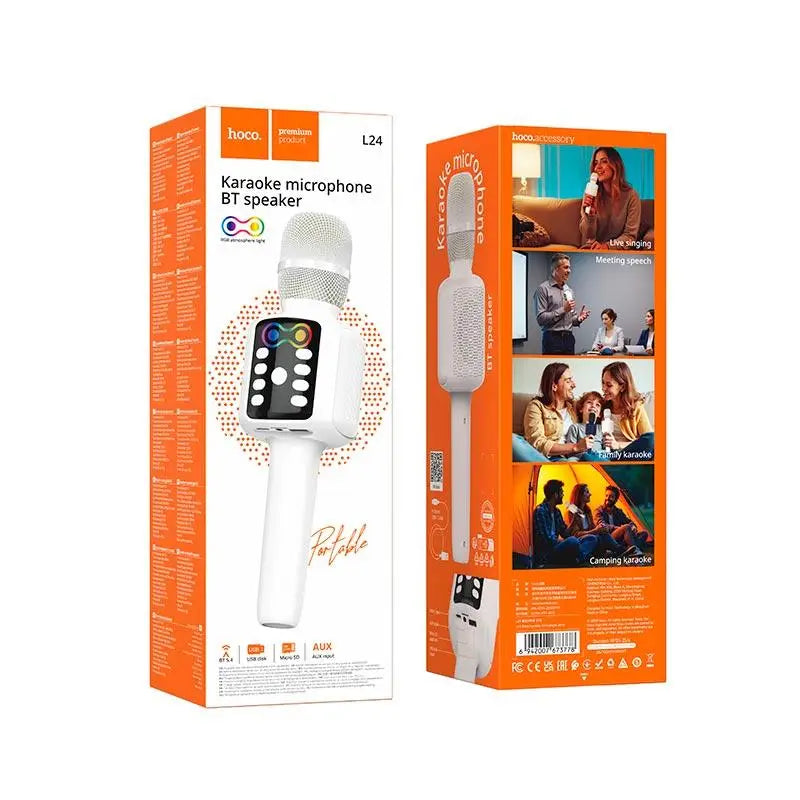 Micrófono Karaoke Bluetooth Hoco L24 Rgb Usb Tf Aux Blanco – imagen 3