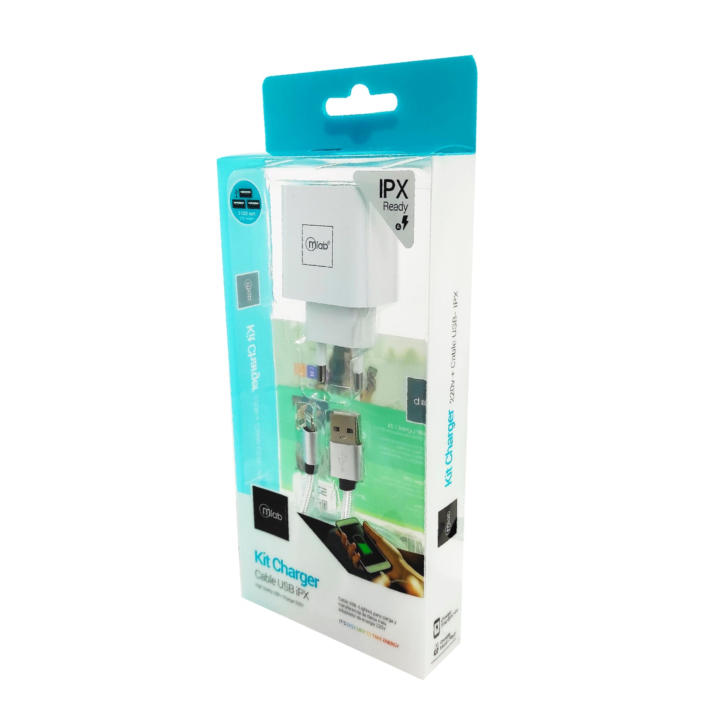 Kit Cargador De Pared + Cable Lightning Microlab 3 puertos Usb 220v Blanco – imagen 4