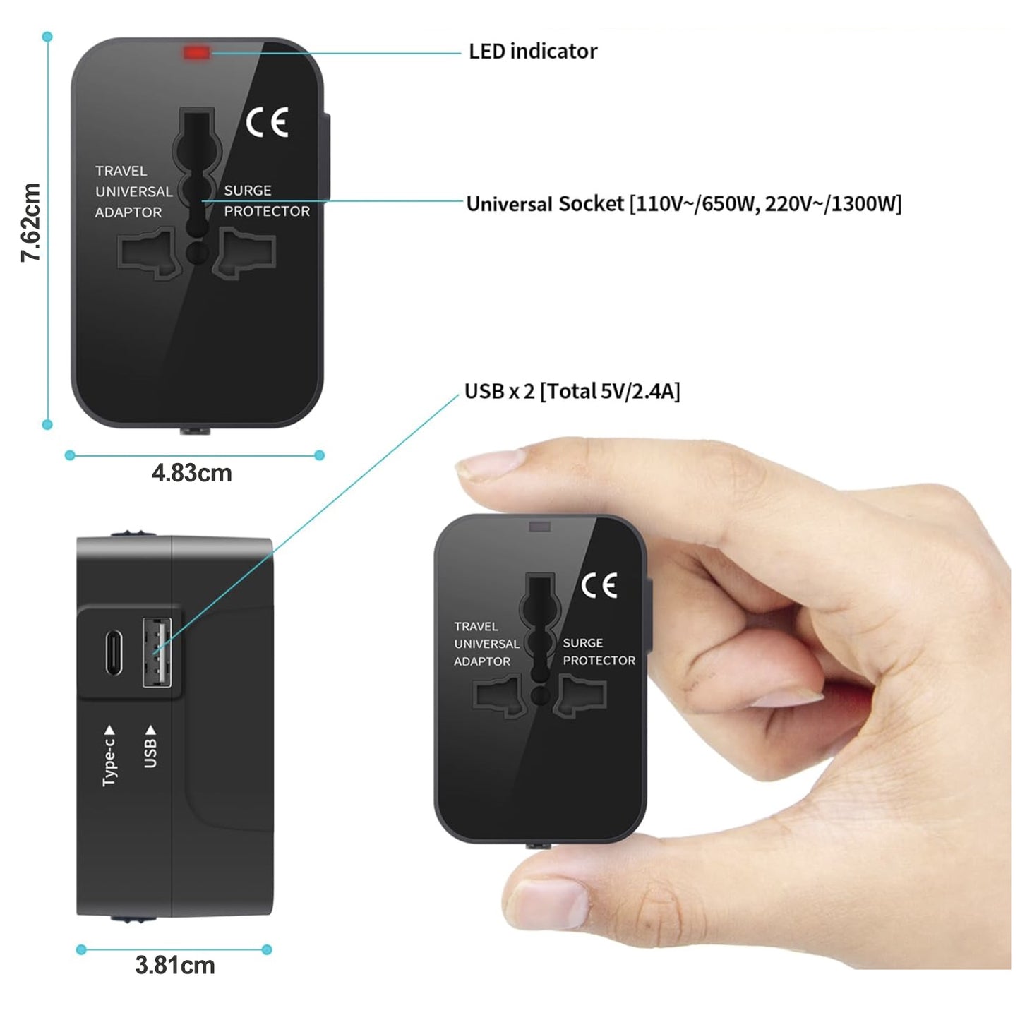 Muti Adaptador Viajero 100-250V + Cargador 15W USB + Tipo C 2.4A – imagen 4