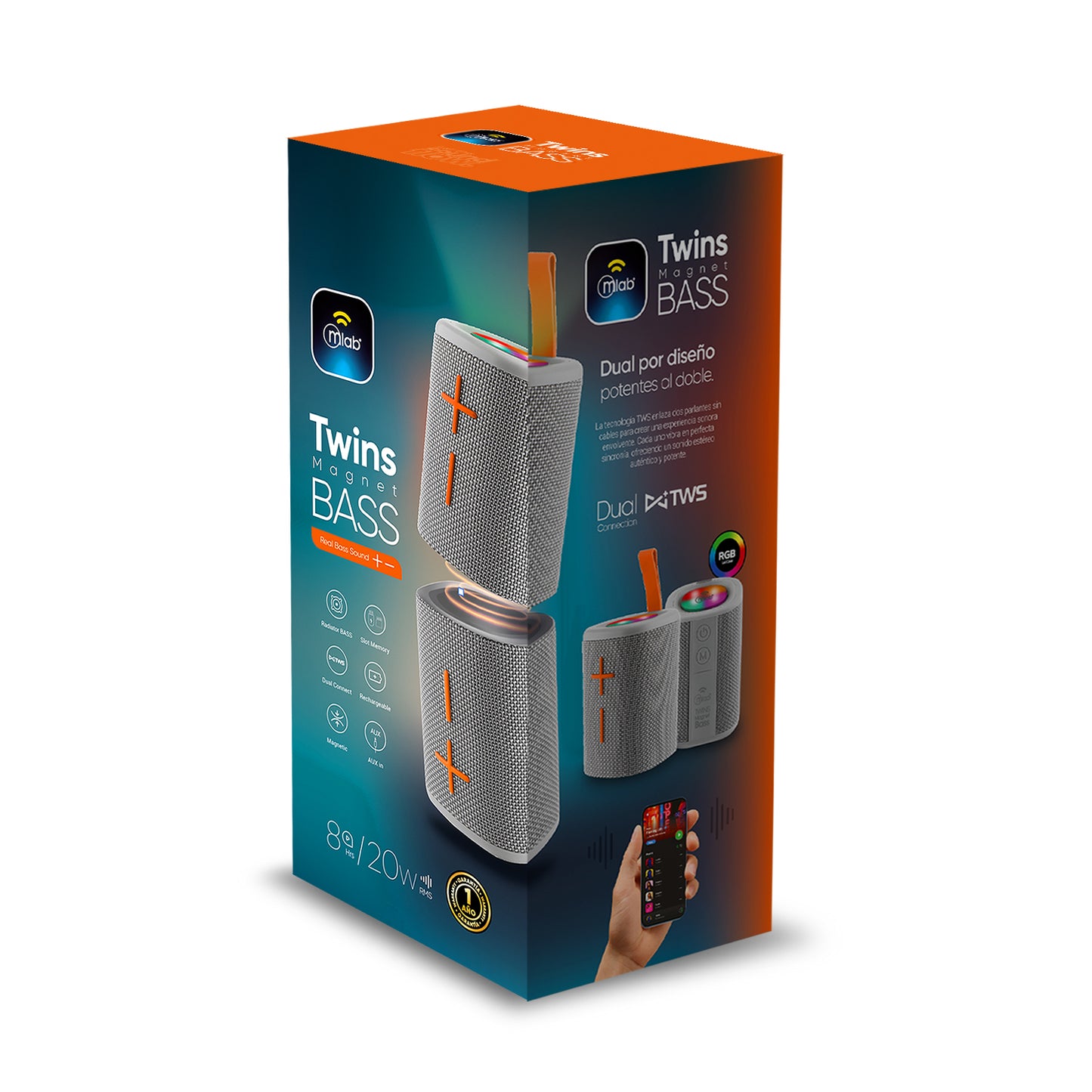 Parlante Bluetooth Mlab 9688 Twins Magnet Bass 20w Usb Tf Aux Gris – imagen 3