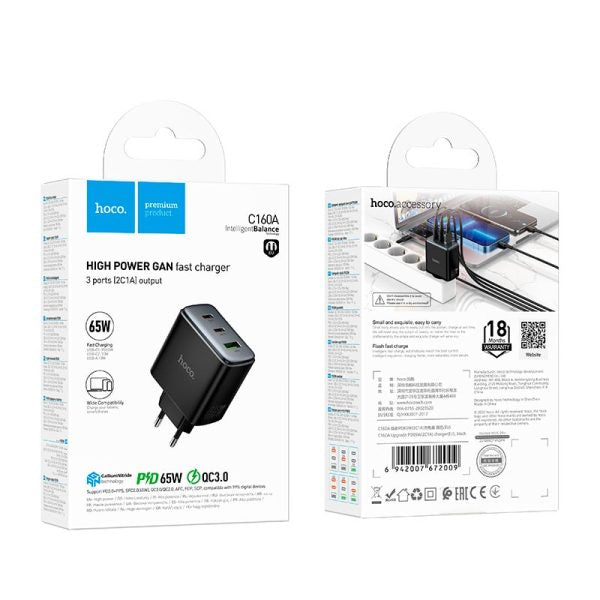 Cargador Carga Rapida Hoco C160a 65w Triple Negro – imagen 3