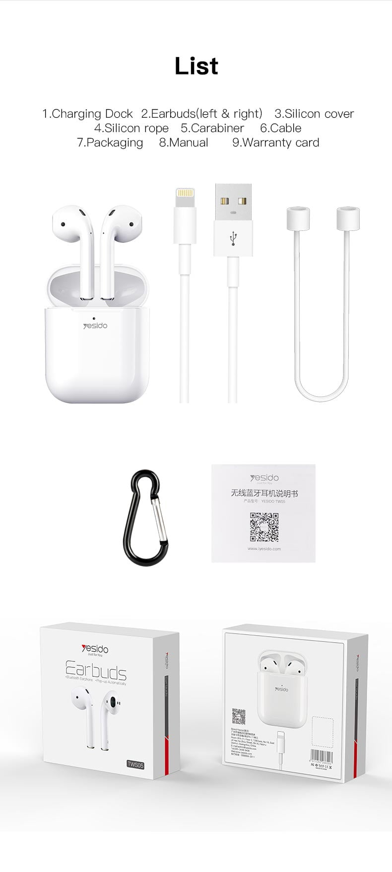 Audífonos Bluetooth Yesido Tws05 + Correa + Clip + Carcasa Protectora – imagen 2