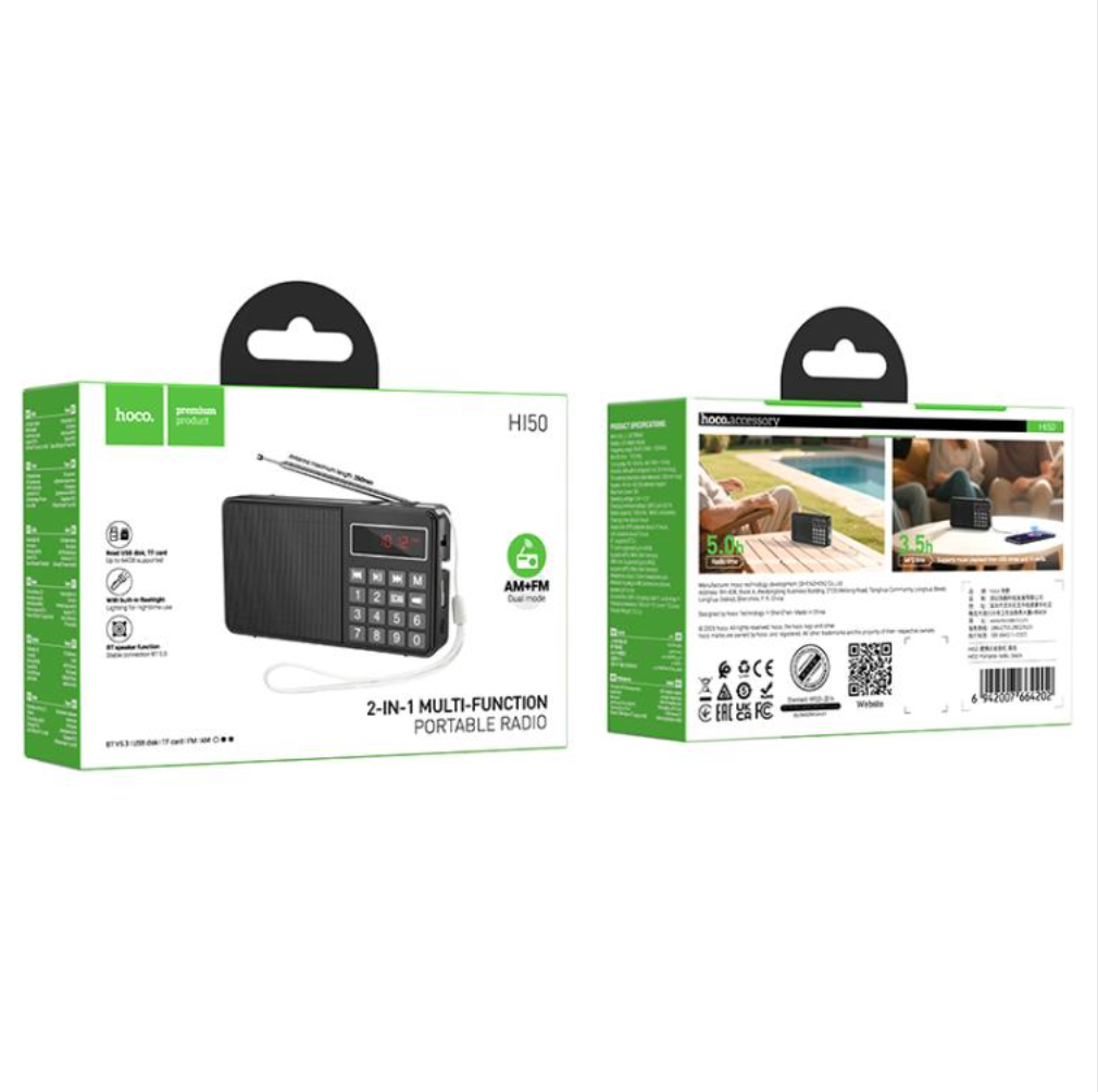 Radio Portatil Bluetooth Hoco Hi50 Am Fm Linterna 5w Negro – imagen 3