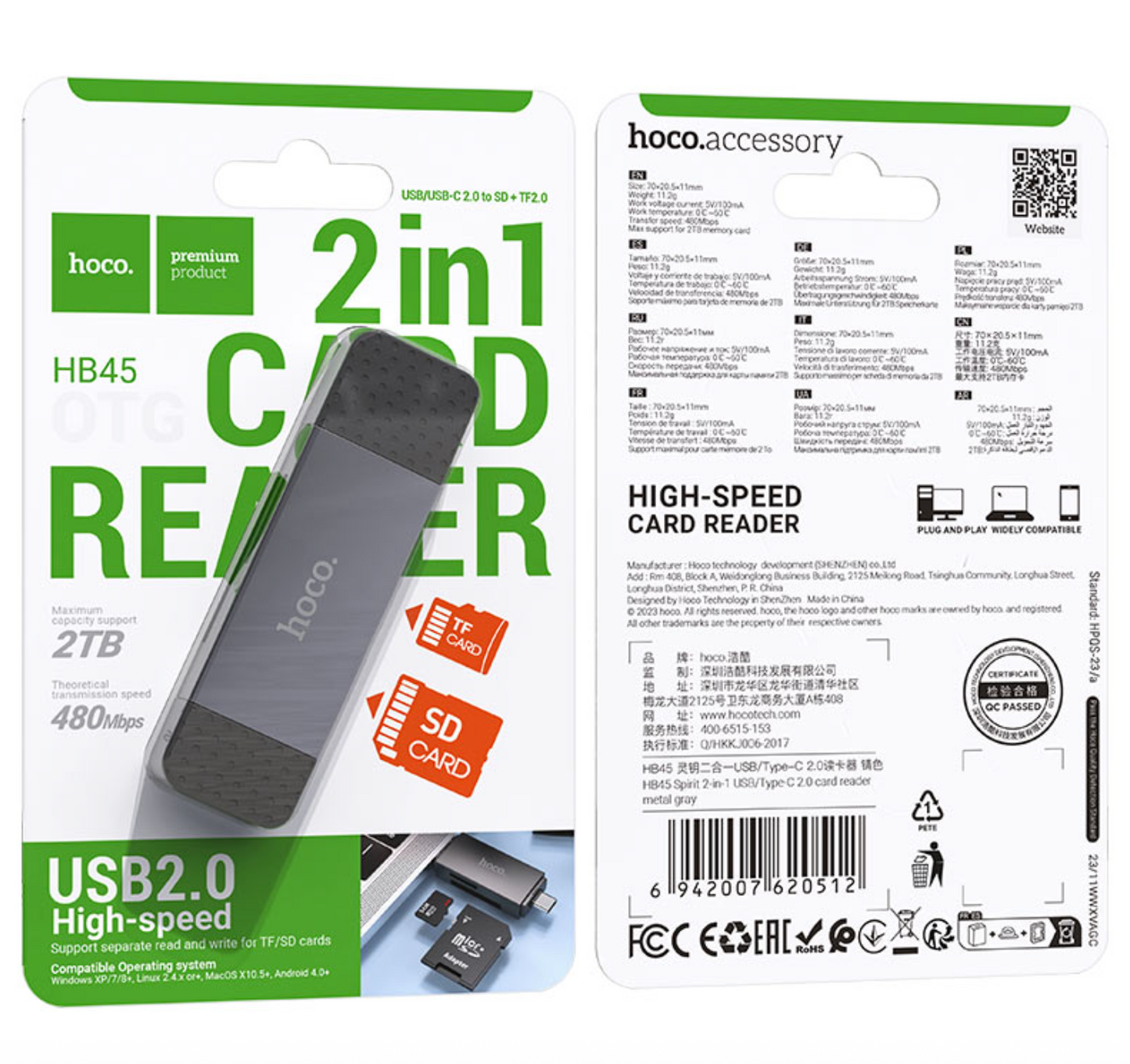 Lector de Tarjetas Usb Tipo C SD + TF Hoco Hb45 2.0 Gris – imagen 3