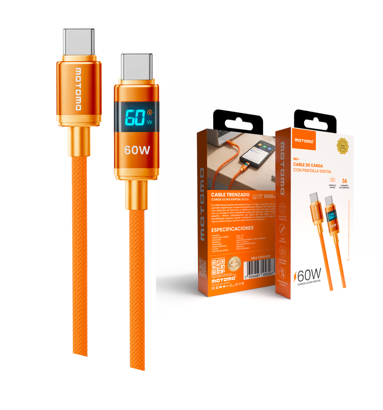 Cable Tipo C a Tipo C 60w Motomo Trenzado 1 Metro Naranjo – imagen 2