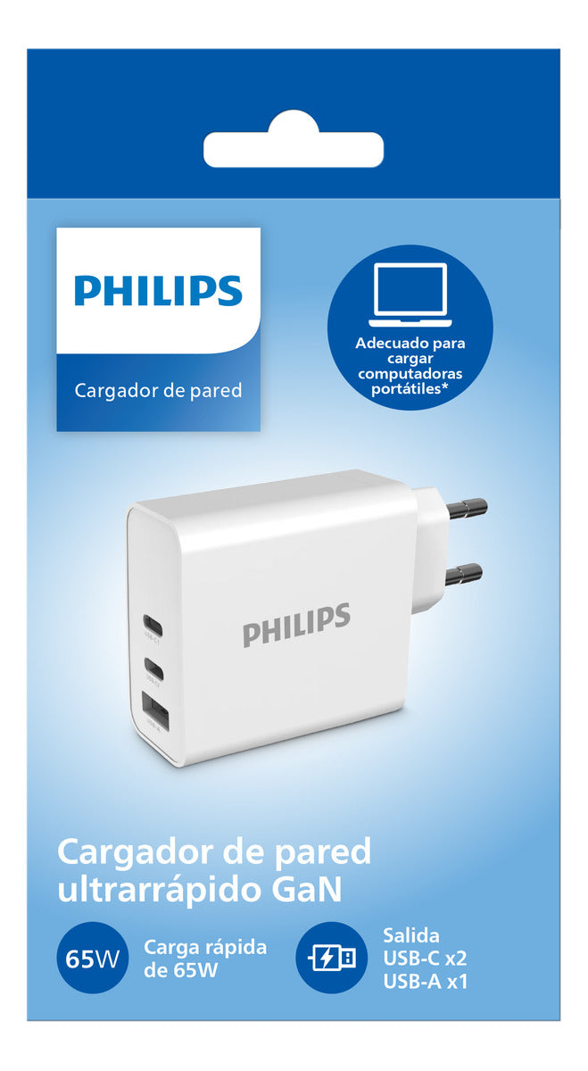 Cargador Philips Ultra Rápido Gan 65 W 2 Usb-c 1 Usb-a Blanco – imagen 3