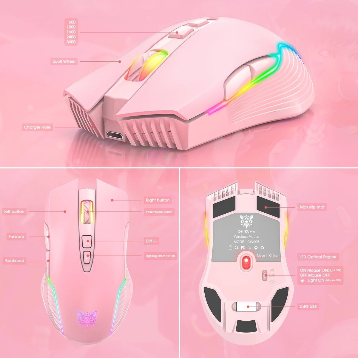 Mouse Gamer Onikuma Cw905 Inalámbrico Rgb Rosado – imagen 6