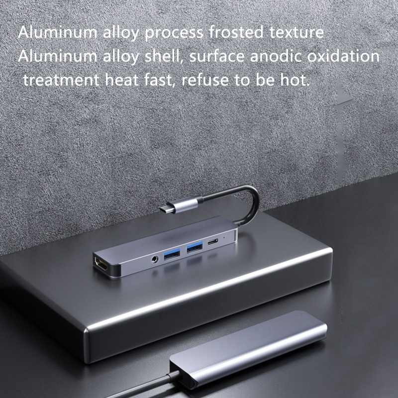 Adaptador 5 en 1 Tipo C USB 3.0x2 + Aux 3.5mm YL-2009 Gris – imagen 5