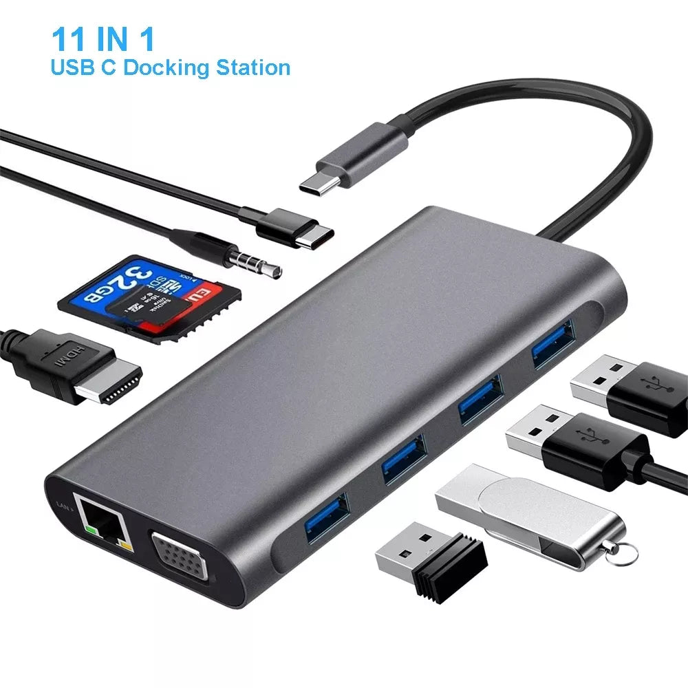 Adaptador Hub Byl-2110 Tipo C 11 en 1 Hdmi Rj45 Usb Aux Vga Gris – imagen 6