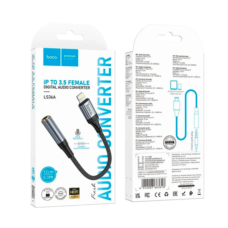 Adaptador Hoco LS36A Lightning a 3.5mm negro - empaque