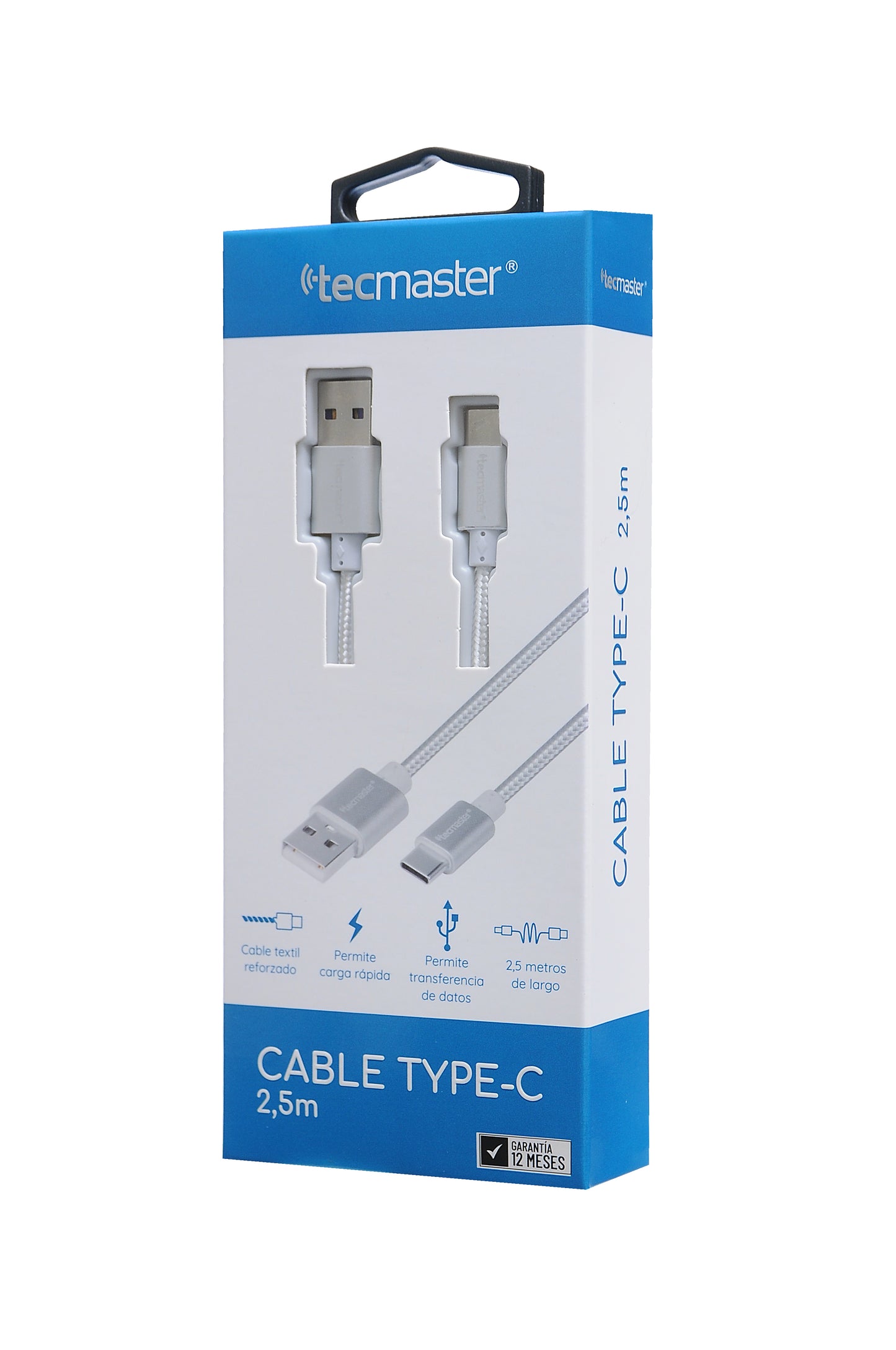 Cable Tipo C Reforzado 2.5 Metros Tecmaster Blanco – imagen 3