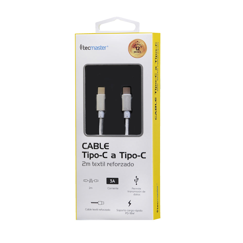 Cable Tipo C A Tipo C 2 Metros Textil Reforzado 3a Silver – imagen 3
