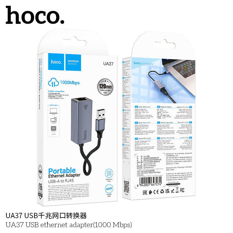 Adaptador Hub Hoco Ua37 Usb a Rj45 Gris – imagen 3