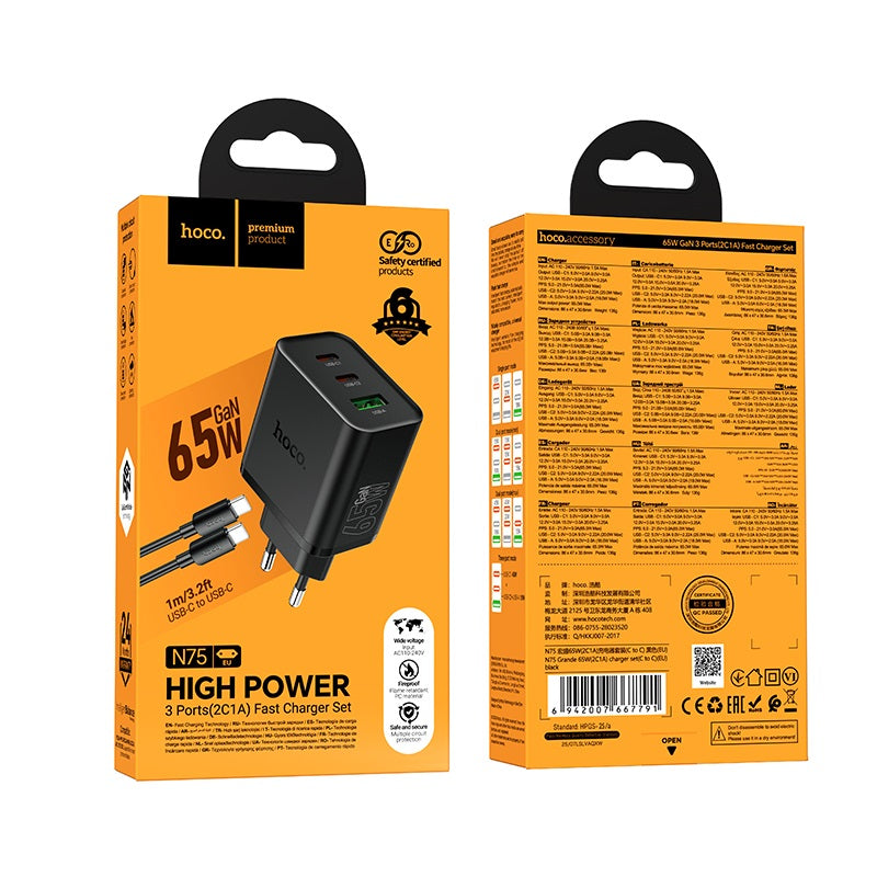Cargador Carga Rapida Hoco N75 Triple 65w + Cable Tipo C Negro – imagen 4