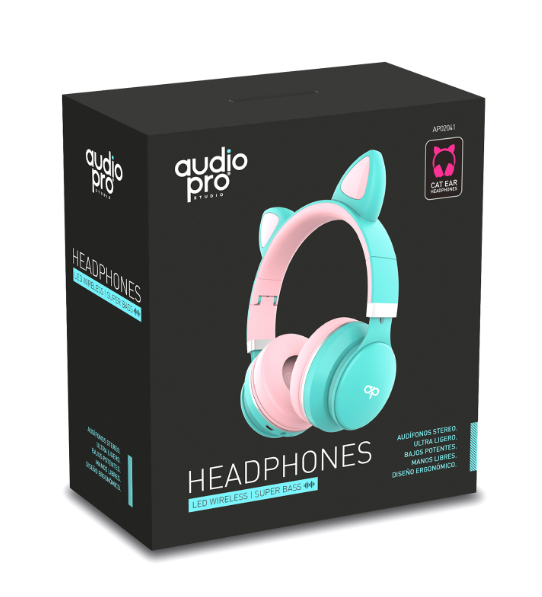 Audifonos Bluetooth Audiopro Aux Micro Sd Led Orejas Gato Verde Rosado – imagen 2