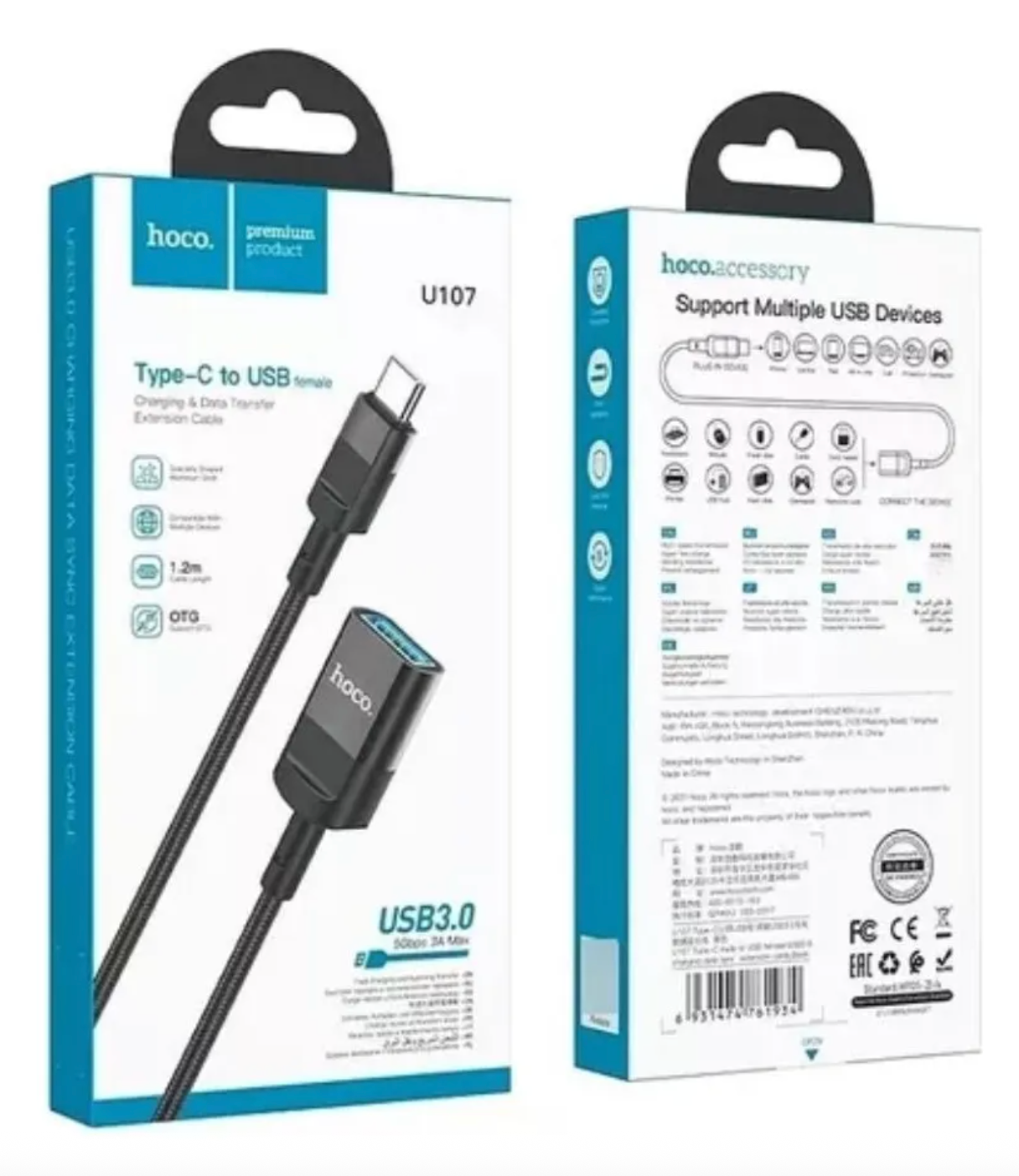 Cable Extensor Tipo C a Usb 3.0 Hoco 1.2mm Metros Negro – imagen 3