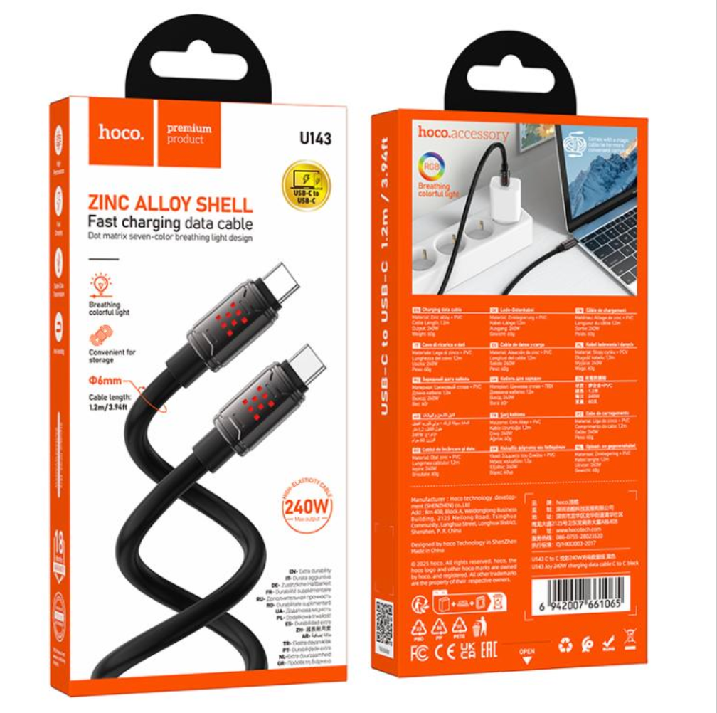 Cable Tipo C a Tipo C Hoco U143 1,2 Metro Negro – imagen 3