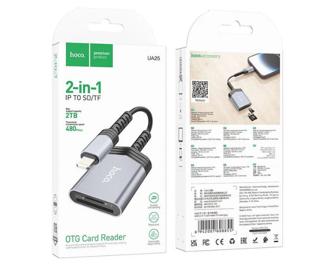Lector De Tarjetas Trenzado Para Lightning Hoco Ua25 Gris – imagen 3