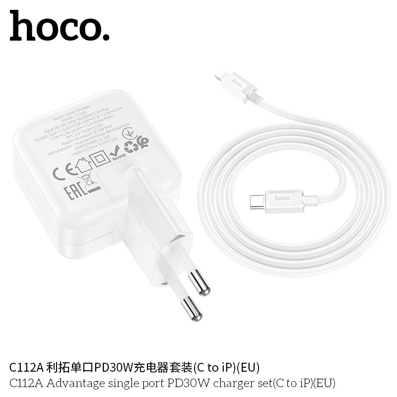Cargador Hoco C112a 30w + Cable Tipo C a Lightning Blanco – imagen 5
