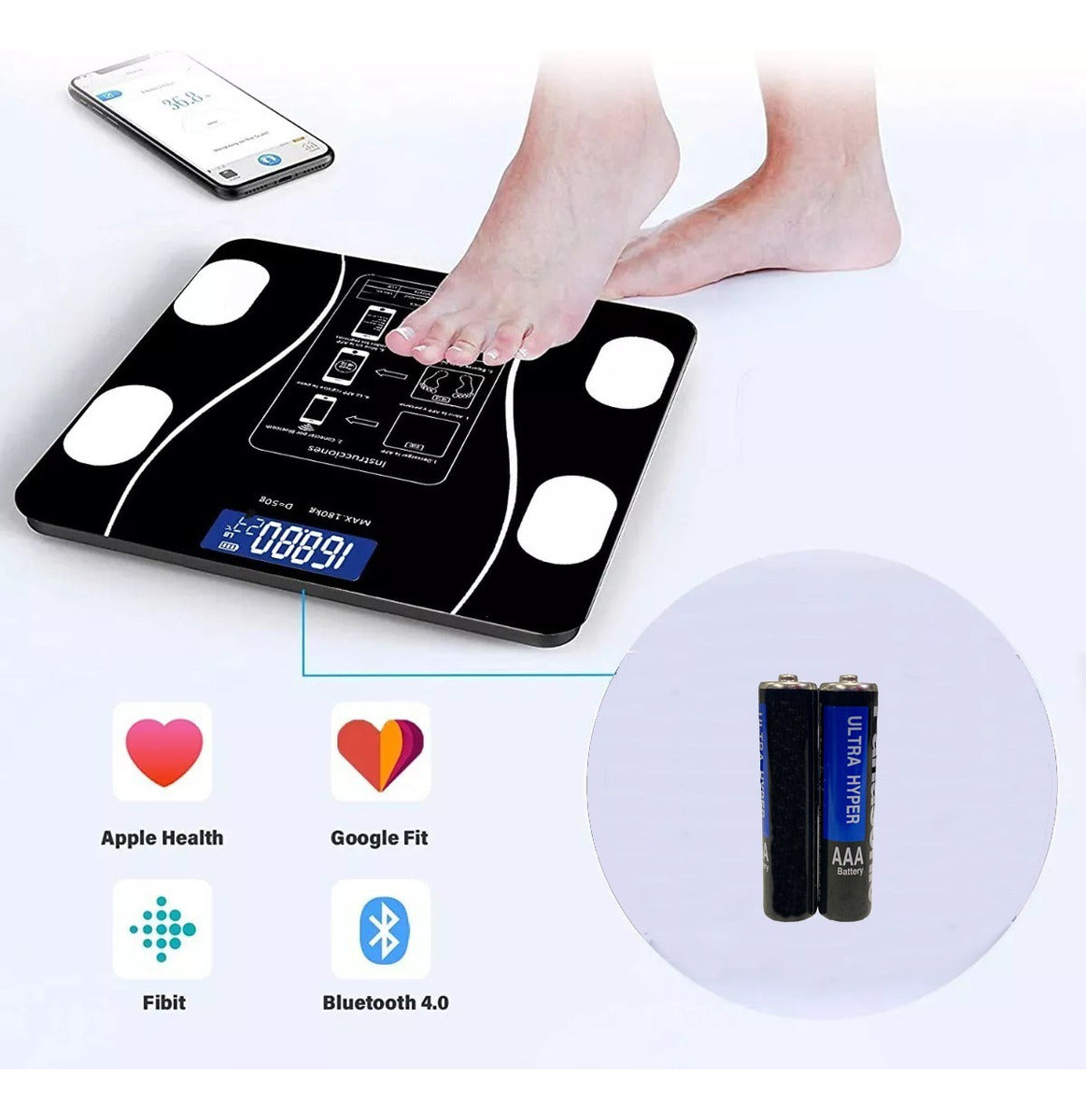 Pesa Digital De Baño Inteligente Recargable Bluetooth App Negro – imagen 3