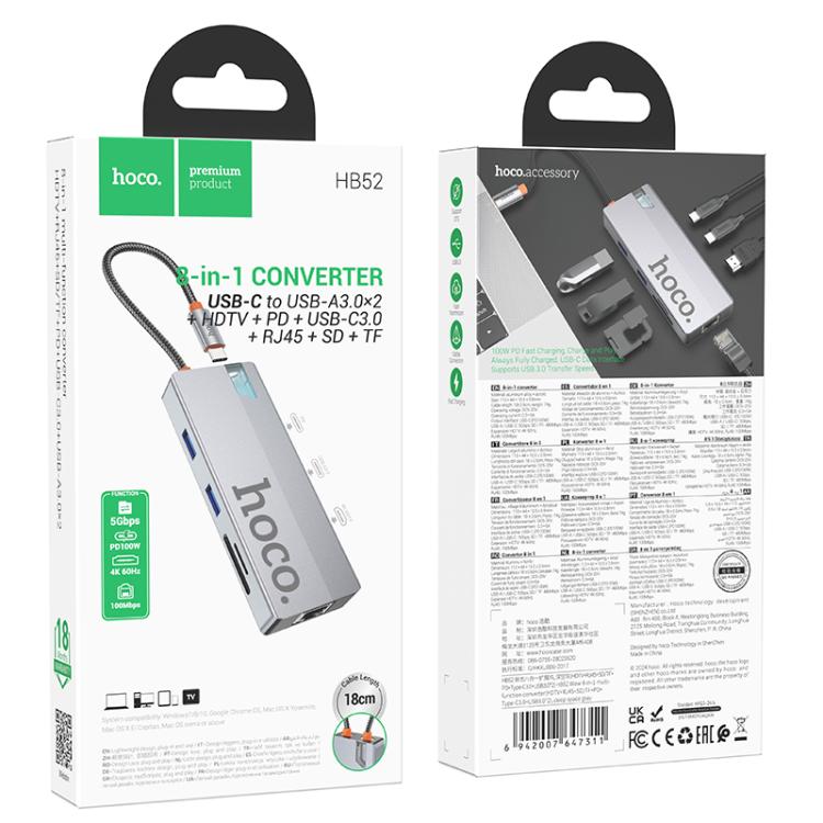 Adaptador Hub Hoco Hb52 Tipo C 8 en 1 Hdmi Usb Rj45 Gris – imagen 3