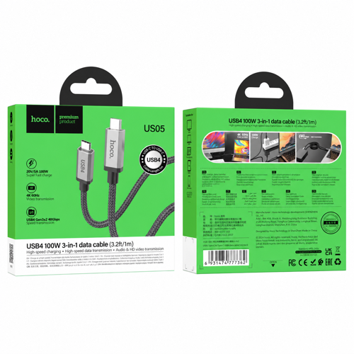 Cable Hoco Us05 USB4 Thunderbolt 3 1m 4K 100W Negro