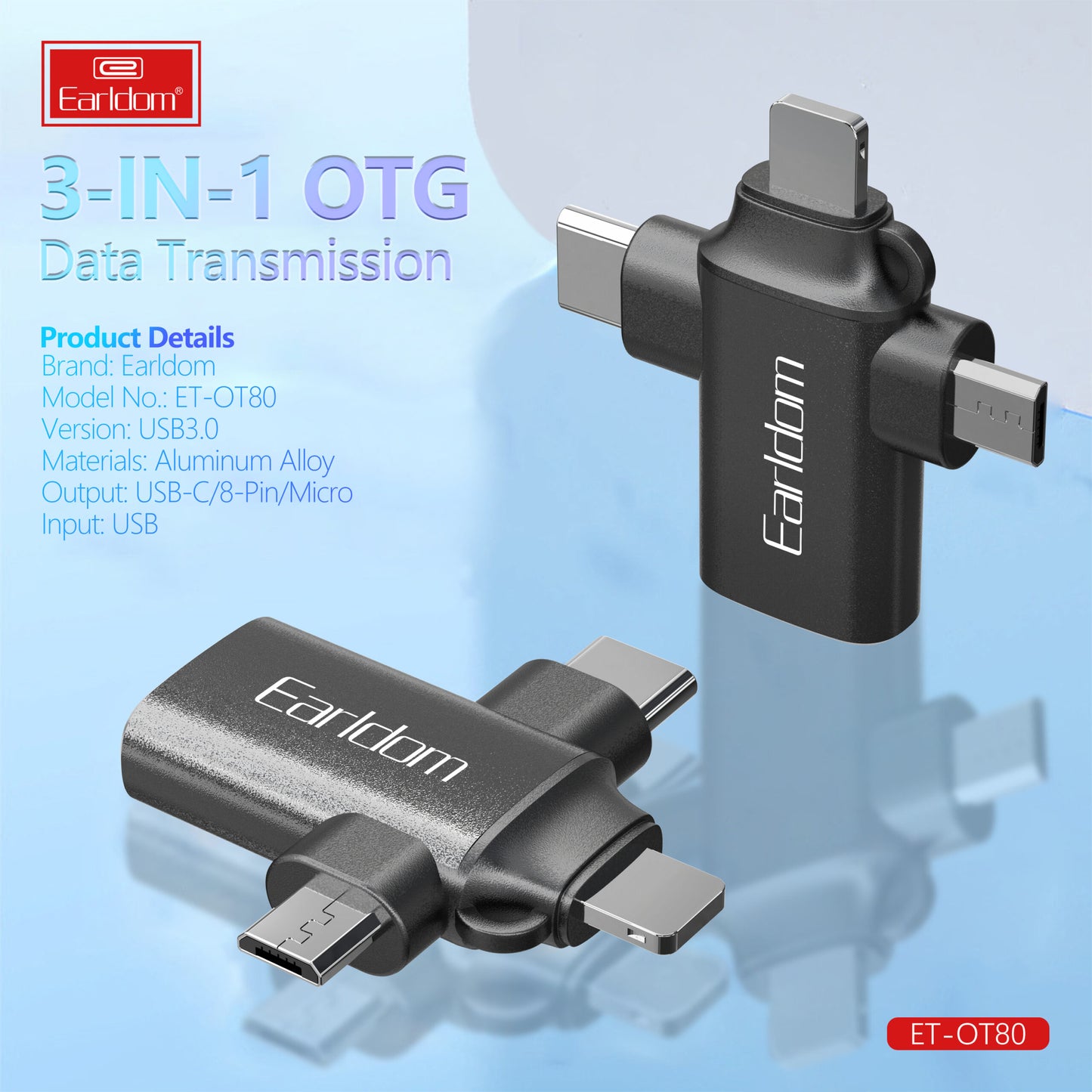 Adaptador Usb 3.0 Micro Usb Lightning Tipo C 3 en 1 Otg Earldom Negro – imagen 4