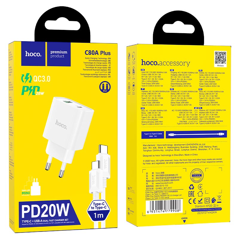 Cargador Hoco C80a 20w Carga Rapida QC3.0 + Cable Tipo C Blanco – imagen 2